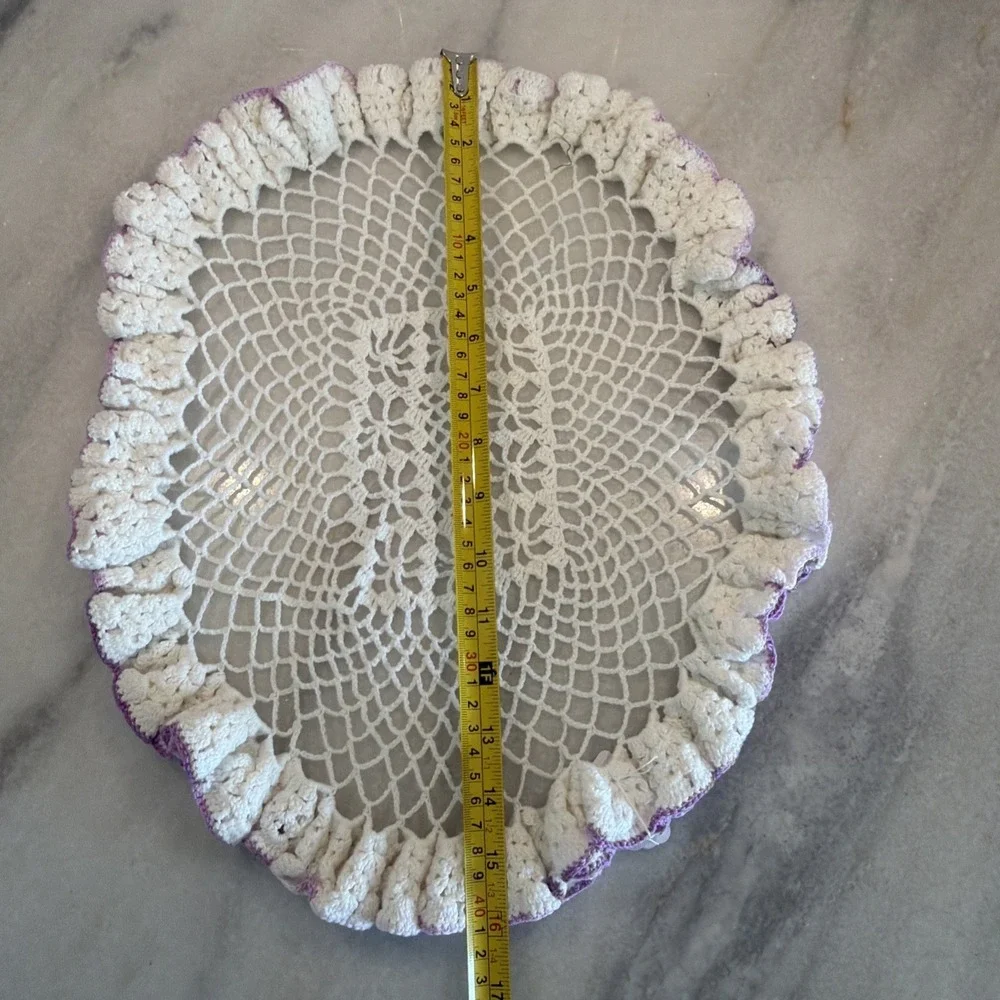 vintage hand crocheted doily White With Lilac Trim GWB000